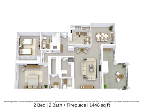 Floor plan for 2 beds, 2 baths, 1448 sqft